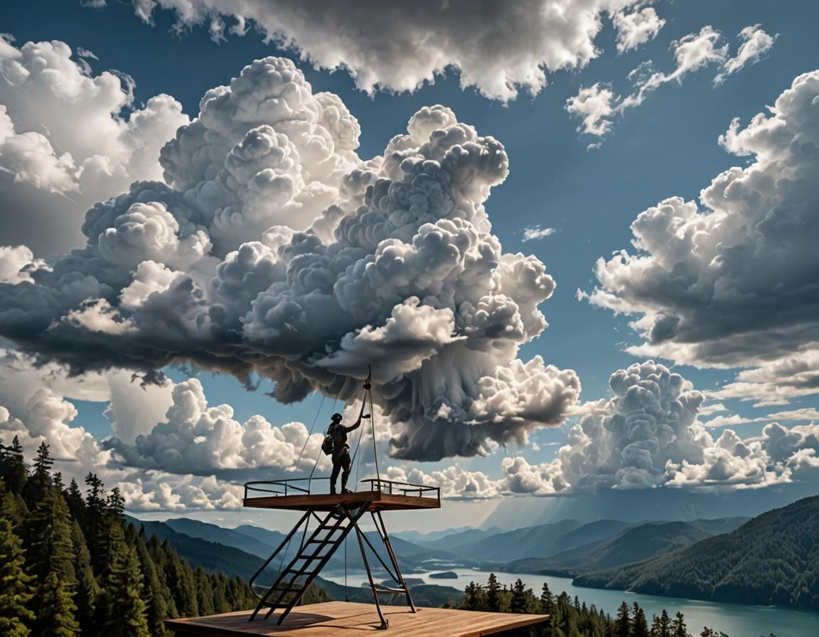 A photo of a "Cloud Sculptor" skillfully shaping clouds into a variety of imaginative forms in the sky. ...  by @Quebra