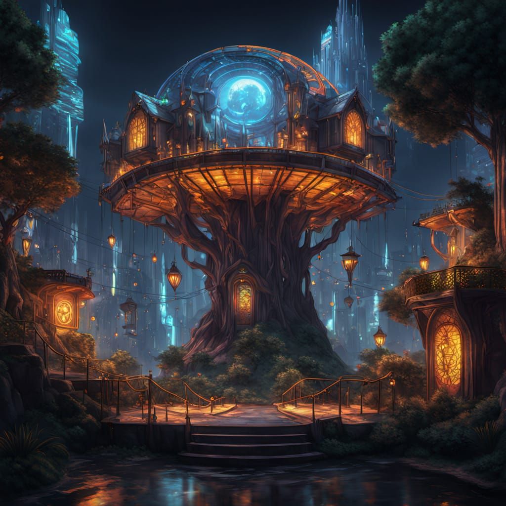 Lion Treehouse in Cyberpunk Cityscape