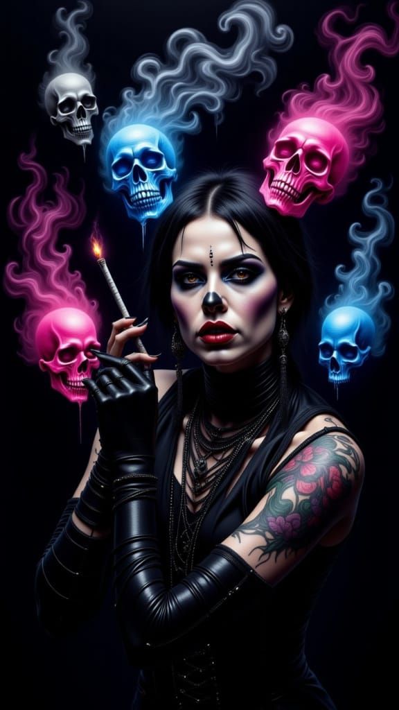 Gothic Punk Rock Woman with Psychedelic Smoke