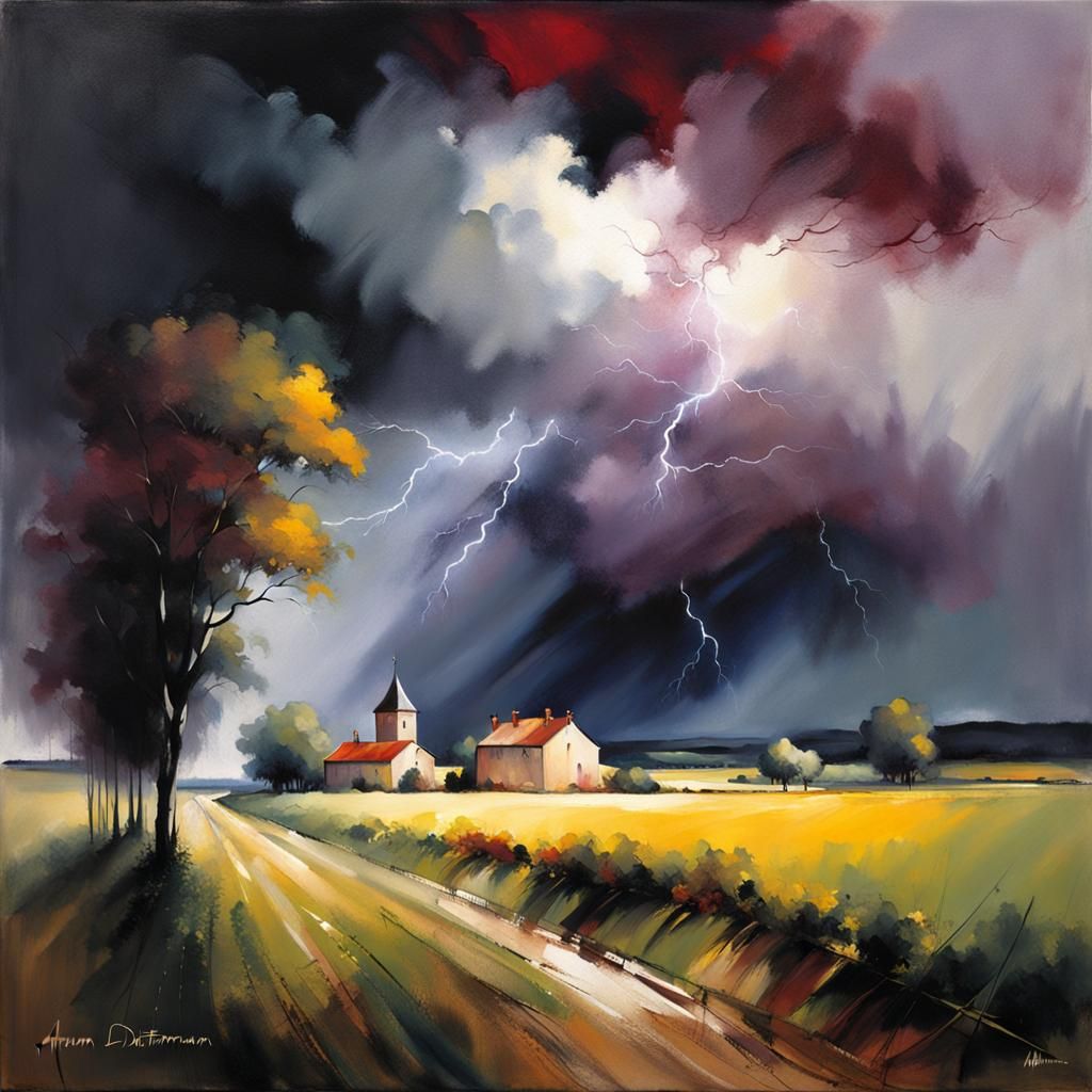 A storm in the Burgundy countryside. Lightning, trees, darkn...