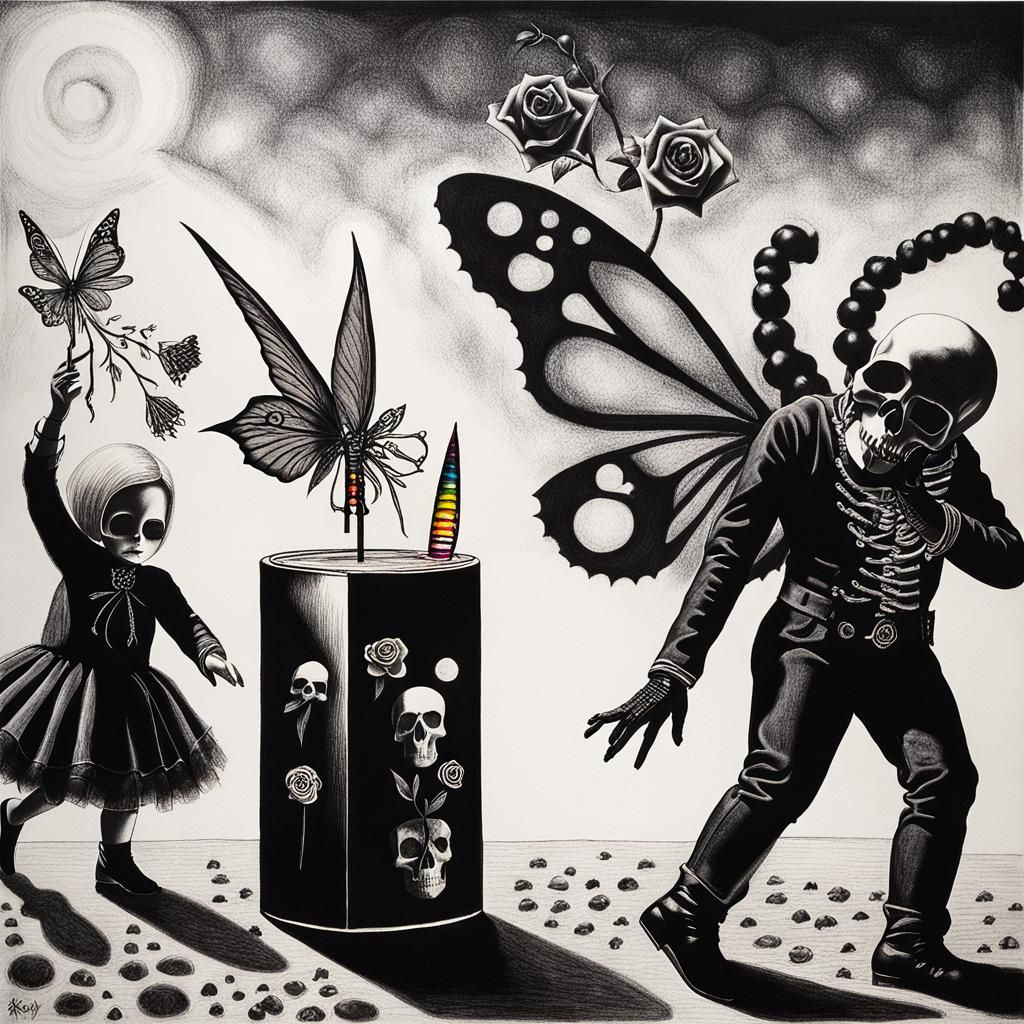 Kids Crayon drawings ,surreal (child's drawing )of a goth wo...