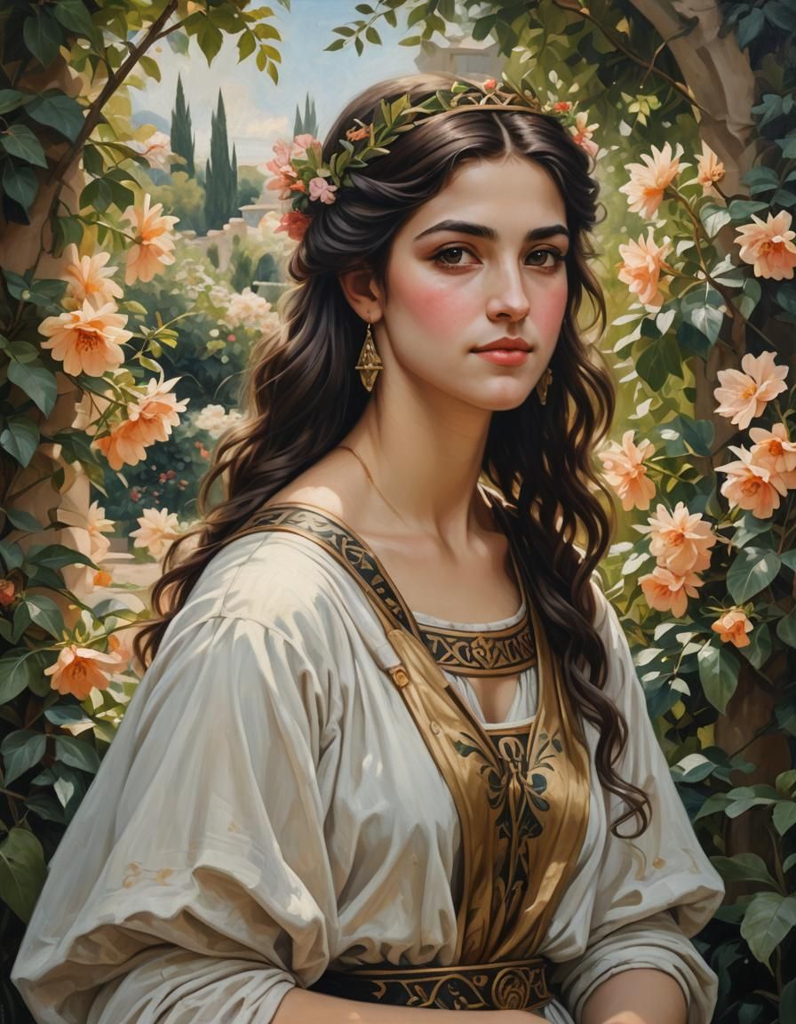A beautiful young Greek Princess, in a garden, shy smile, ha...