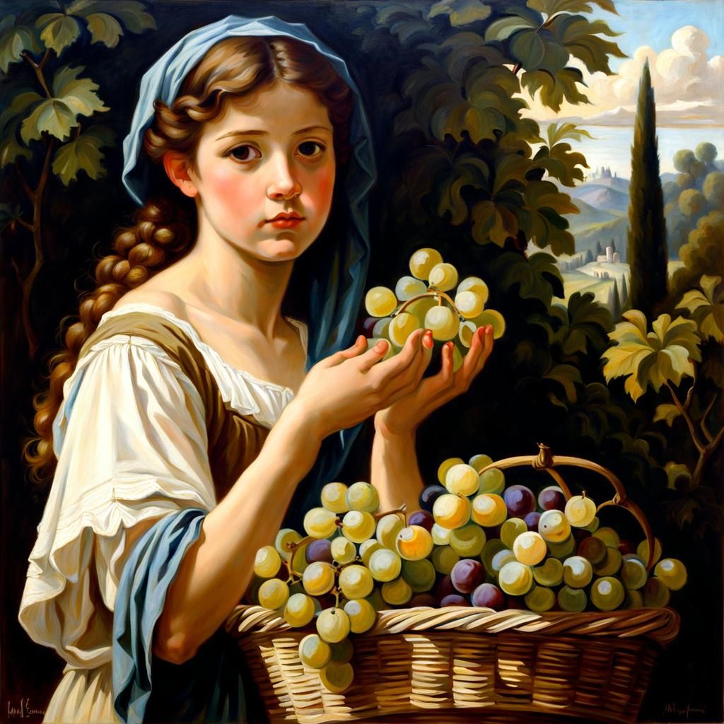 Girl with grapes, in the style of William-Adolphe Bouguereau