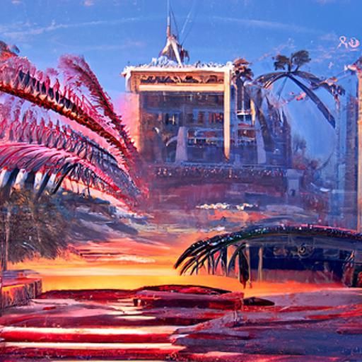 sunrise over pink hotel, palm trees,swimming pool