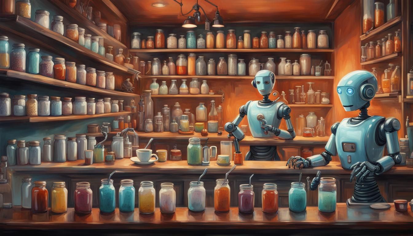 robot cafe with robot barista making latte and robot waitres...