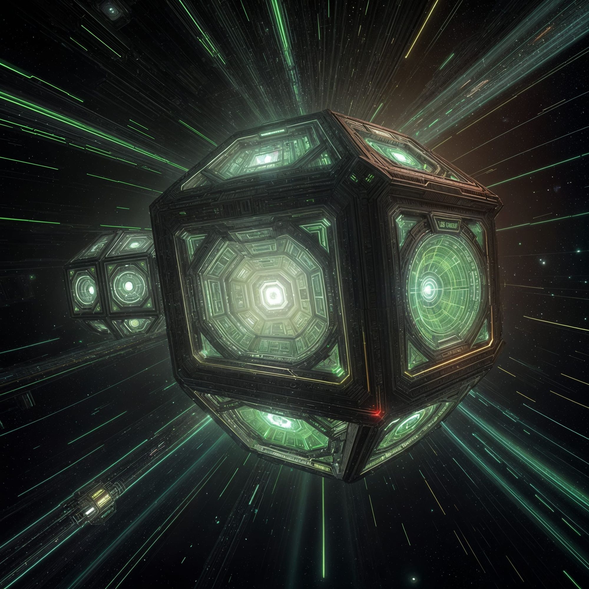 Star Trek the next generation multiple massive BORG Cubes in transwarp drive in space green 💚 glow of the lights and warp drive.