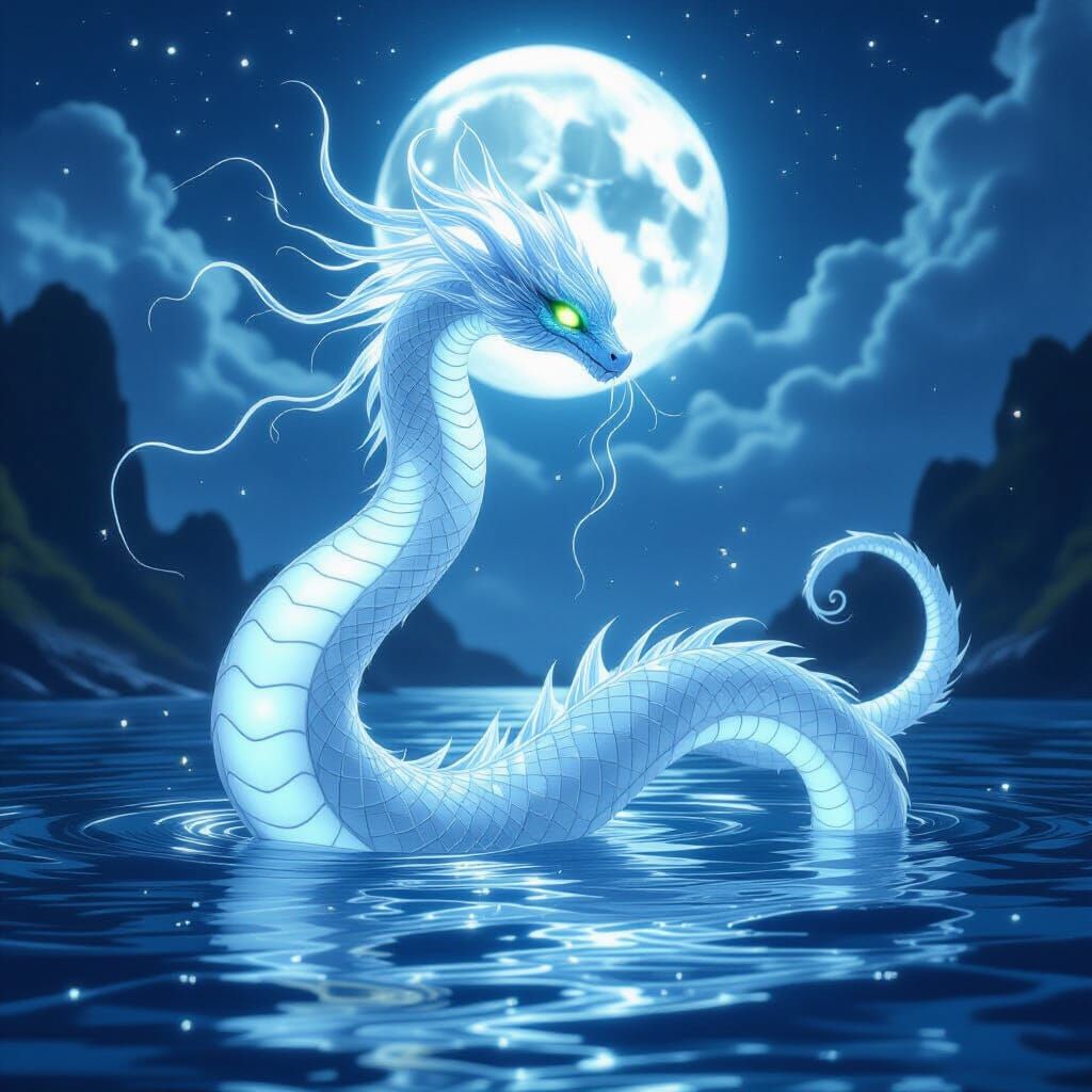 A translucent serpentine water-beast called the Whispercoil Tidewyrm: long moonlit body, ghostlike scales, floating bioluminescent runic ver...