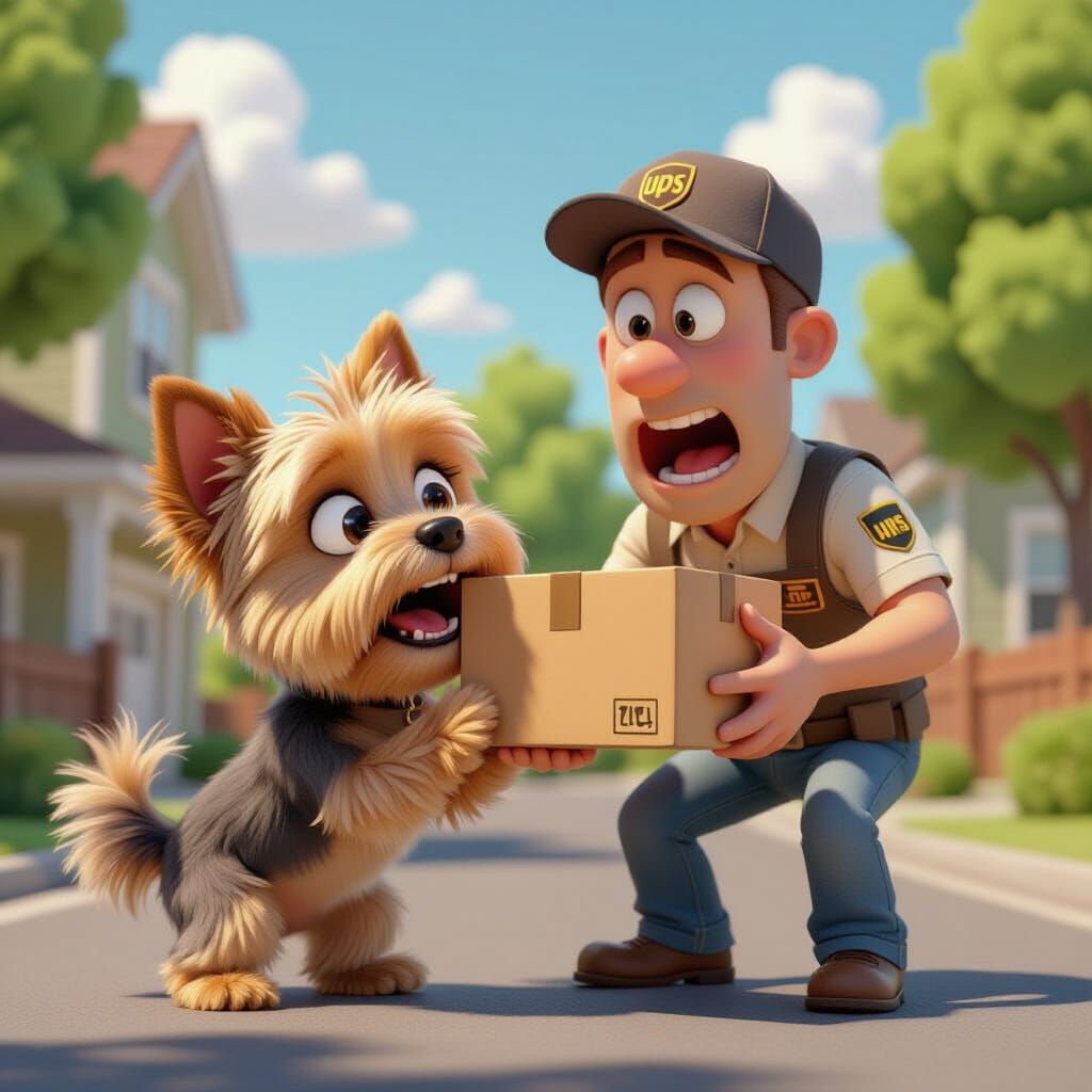  Tiny yorkie, 1/10th the size of the man, biting the UPS driver, full body pose driver with comically exaggerated shocked expression, attemp...