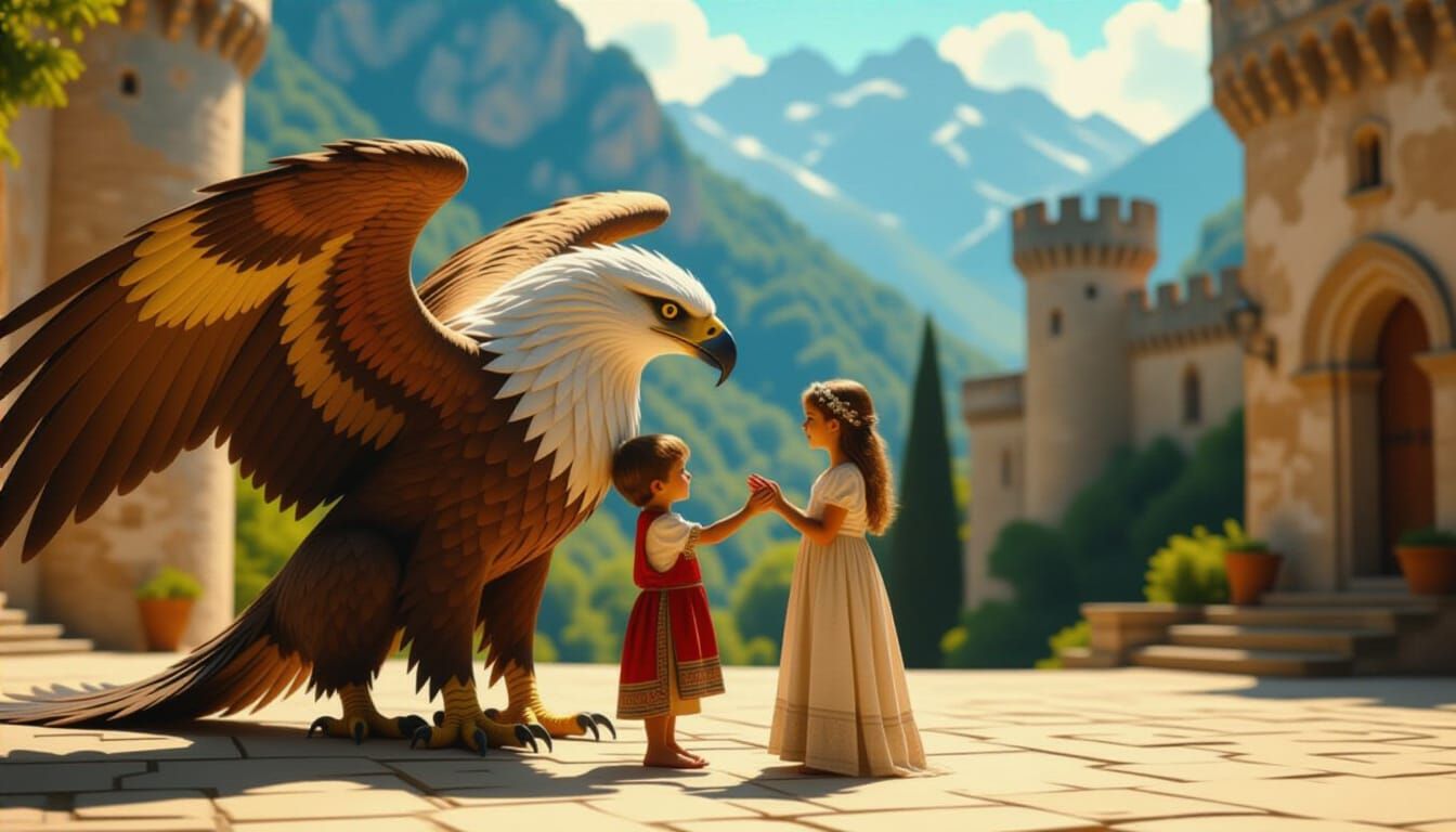  3-year-old boy plays with a large griffin, and a 10-year-old girl hugs the griffin. They are in the courtyard of an ancient castle in the m...