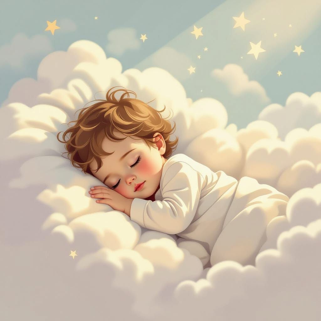 Baby Sleeping on Clouds in Dreamlike Children's Book Style