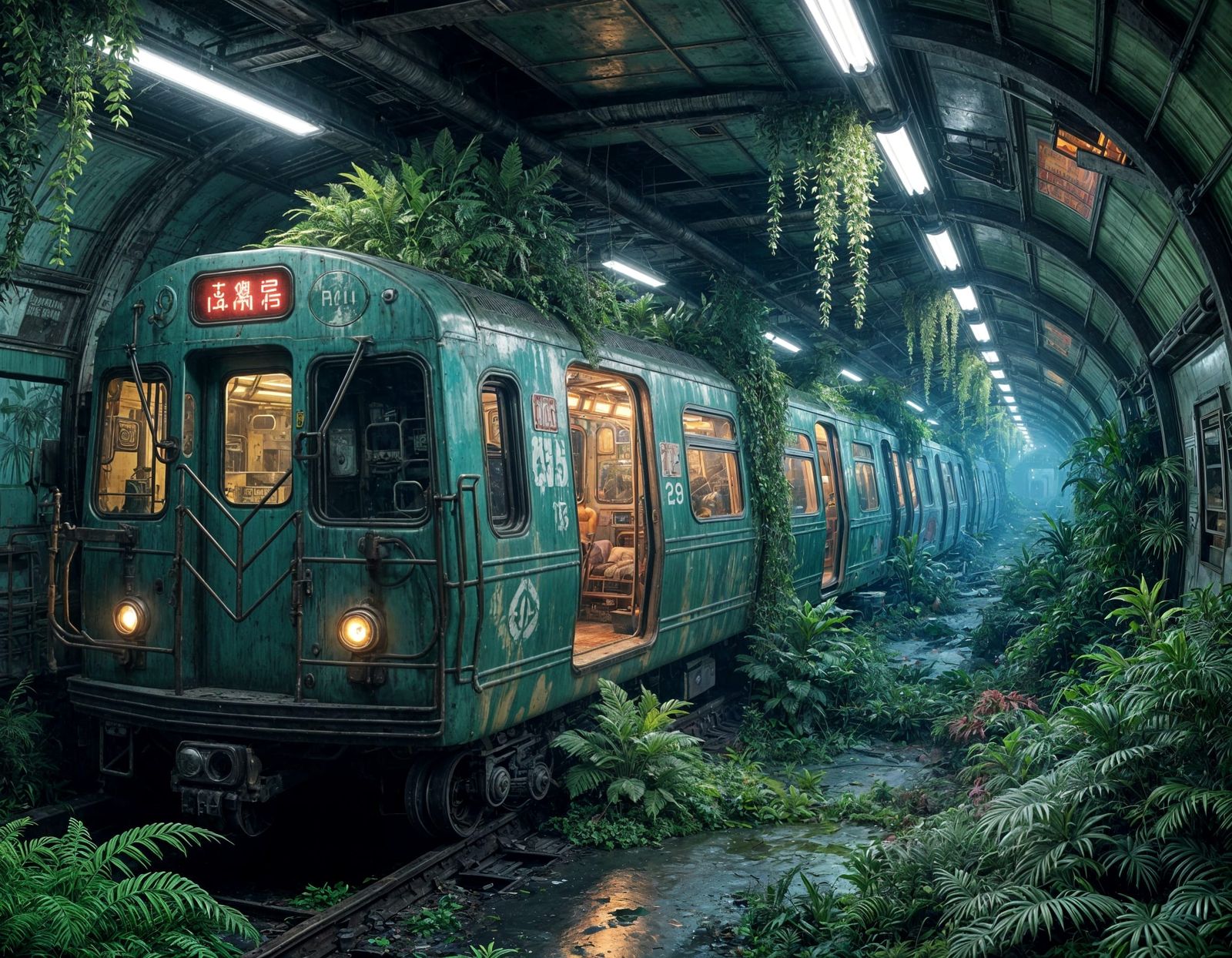 A lush miniature jungle grows inside a cyberpunk city's abandoned subway car.   by @Valmont