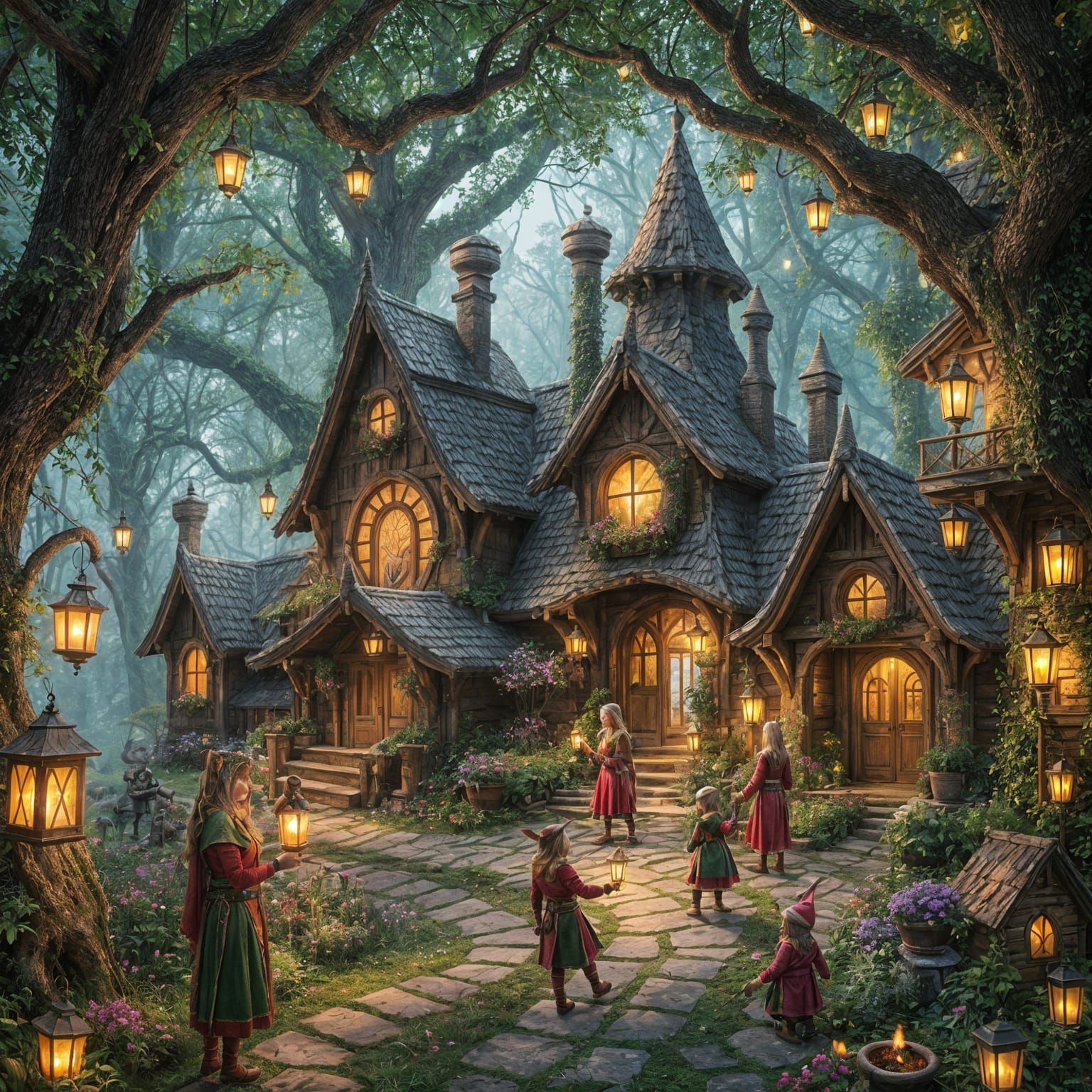 Elves community in wonderful woodland showing the elves and ...