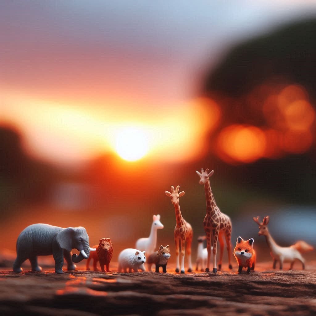Miniature sized animals with a sunset background