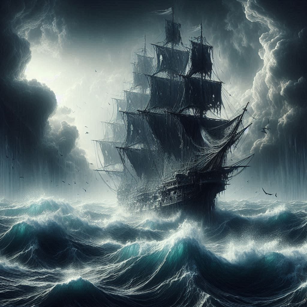 eerie ghost ship that glide and crash through the waves by wind and storm in their sails 1