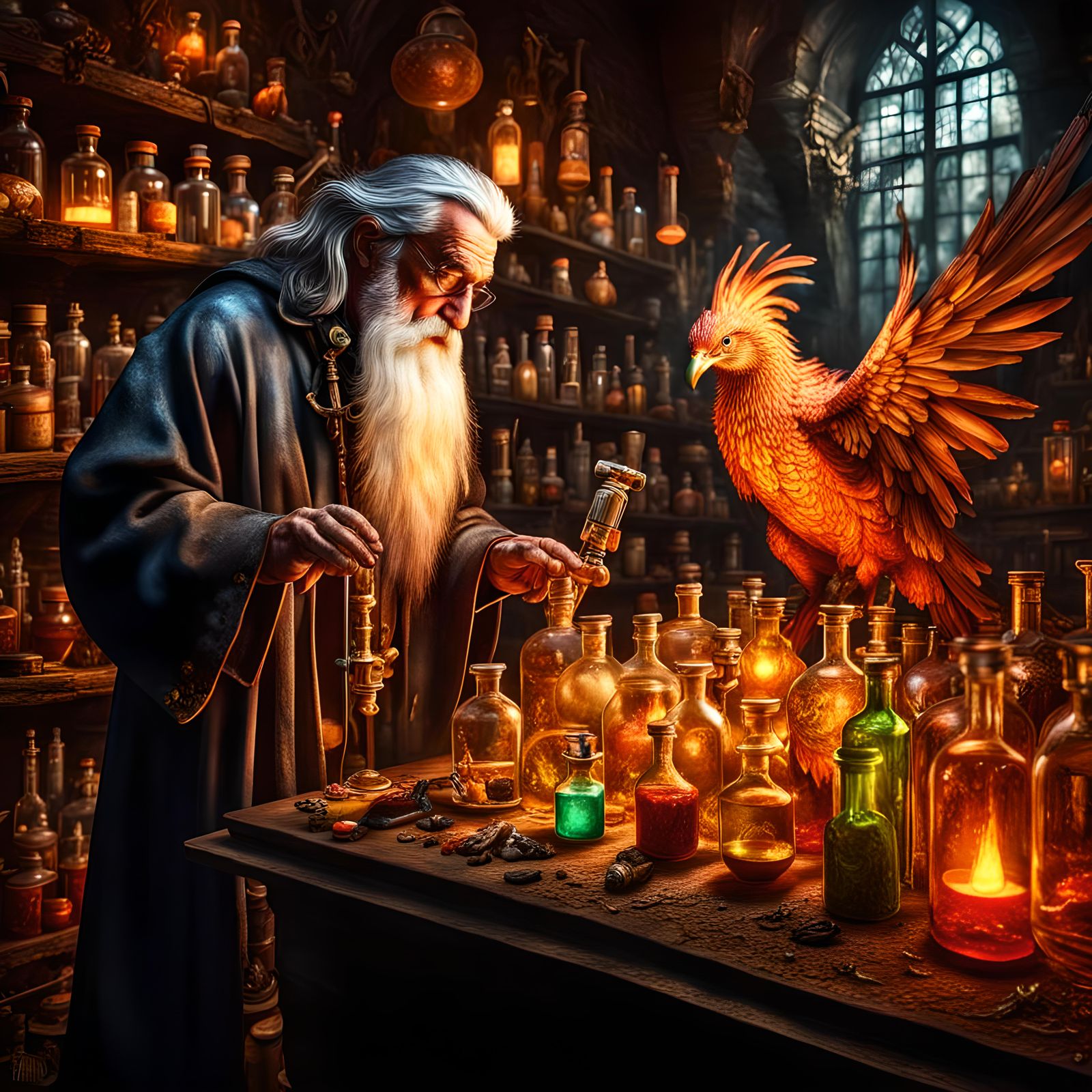 Wizard alchemist investigating eternal life using a gloriously ...