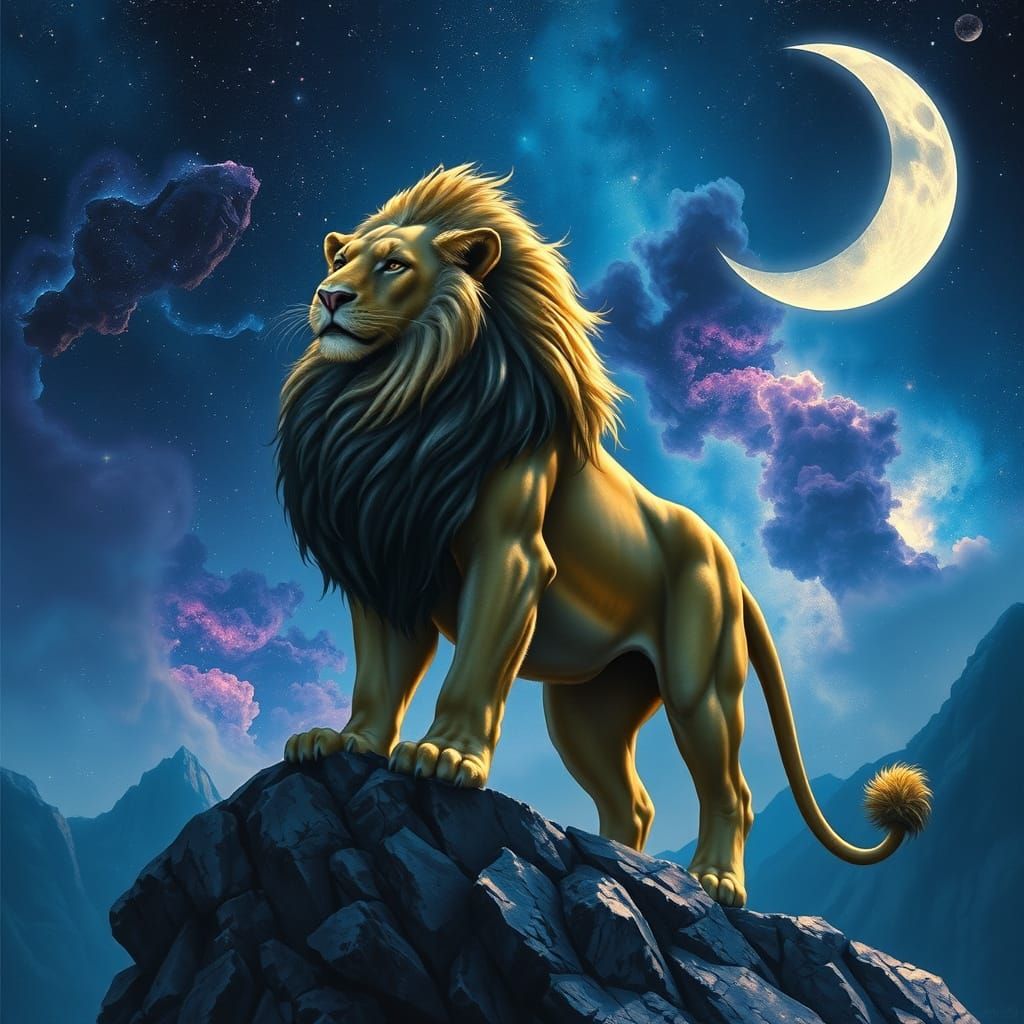 Majestic Lion Under Starry Night Sky