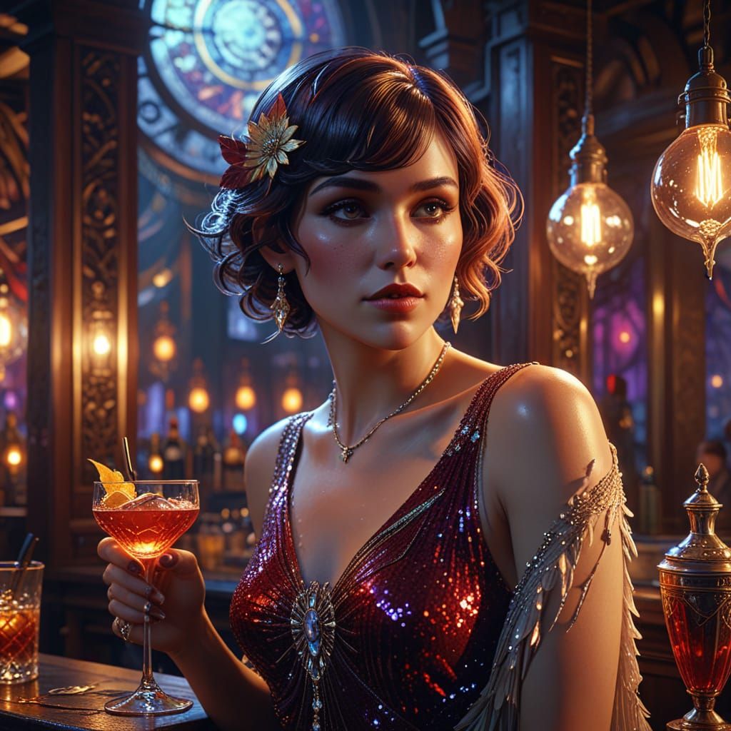 A luxurious 1920s speakeasy hidden behind a false bookstore wall, dimly lit by vintage chandeliers and ...  by @Ifsa