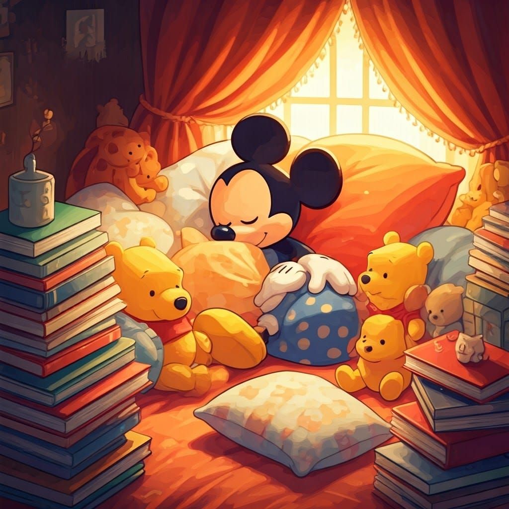 Mickey Mouse in Cozy Slumber with Winnie the Pooh Friends
