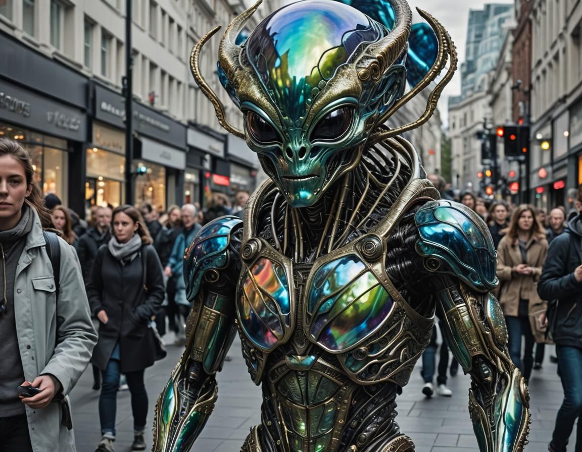 Iridescent alien shopping on Oxford Street  by @Alison