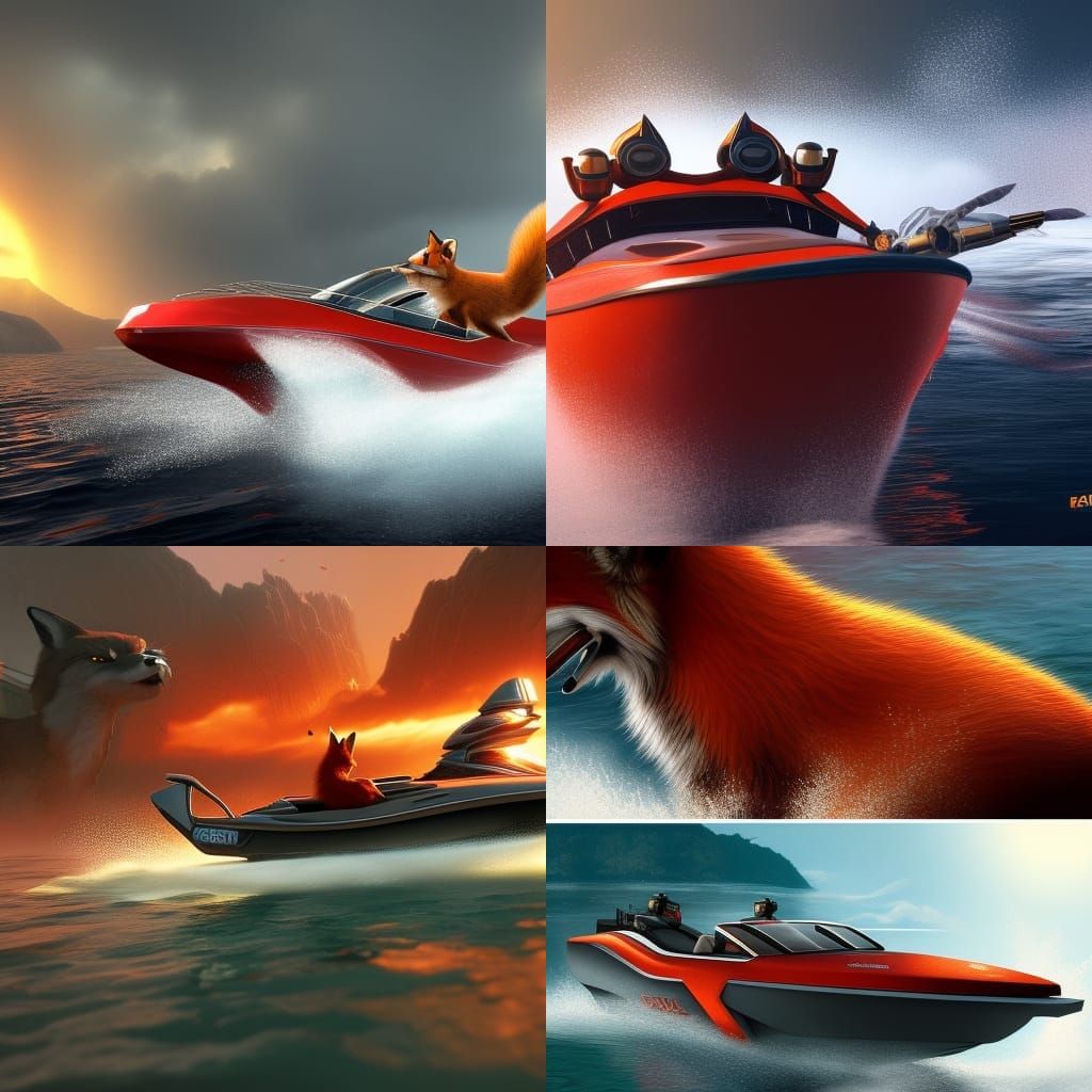 Red fox driving a speedboat realistic