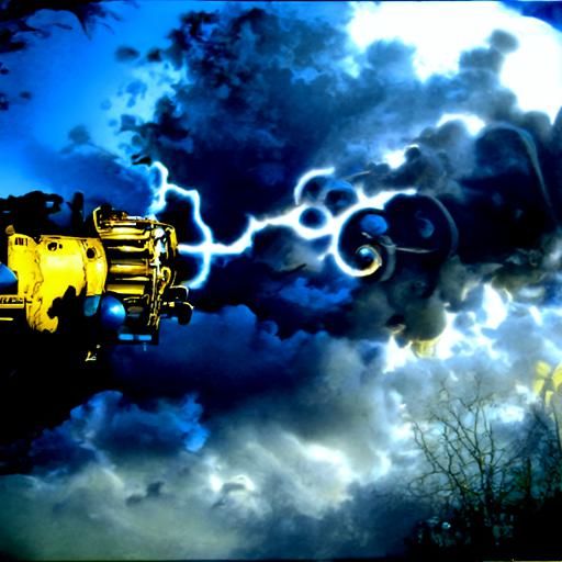 Bright blue and gold yellow lightening bolts piercing the da...