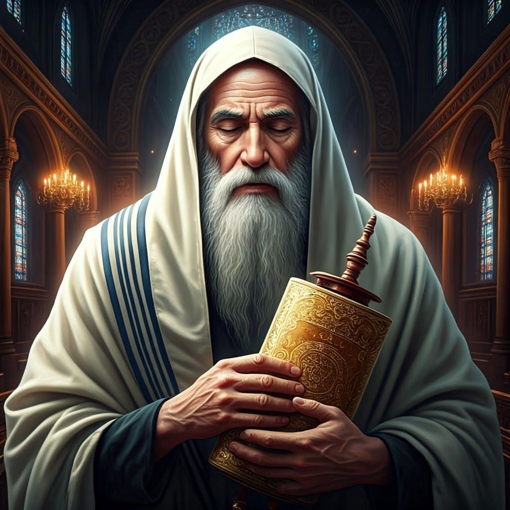 Devout Rabbi Praying with Torah Scroll in Synagogue