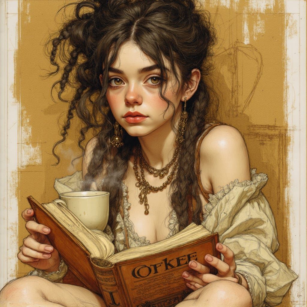 <lora:LSR - 1:1.0> Richard Burlet characterful girl, reading book, dreadlocks, boho style, beads With a Mug of steaming coffee, in a coffee ...