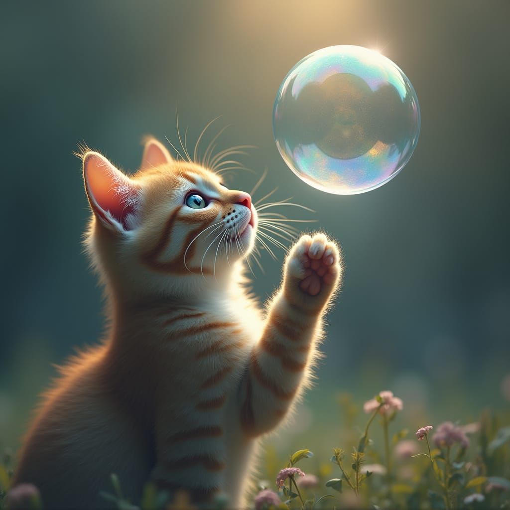 Cat Reaches for Floating Soap Bubble with Ethereal Lighting