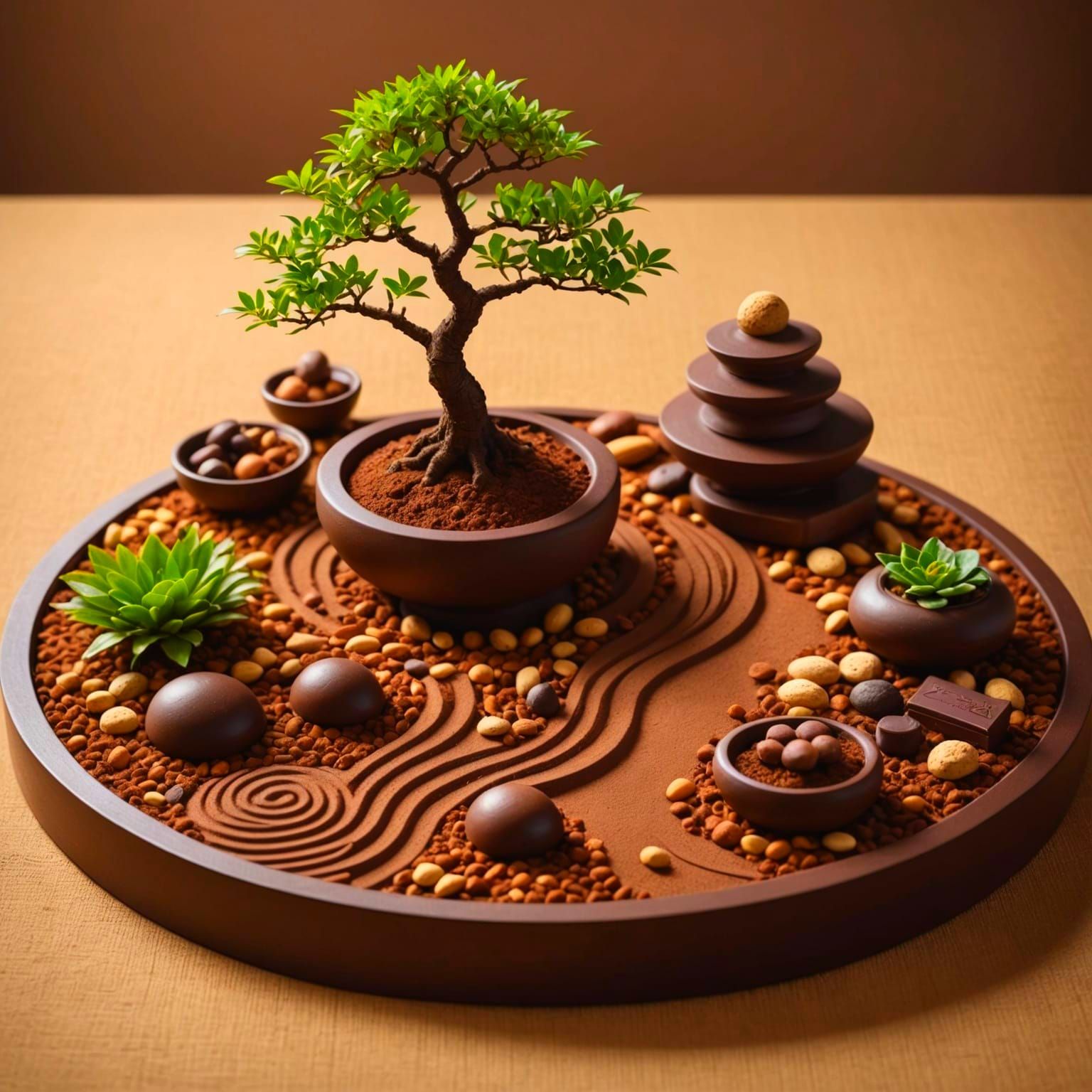 A minimalist Japanese zen garden made of chocolate, chocolate sand raked into patterns, praline bonsai ...  by @Primaxina