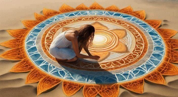 Creating a mandala on the beach. The four elements of nature; earth, air, fire and water  by @Bellicose