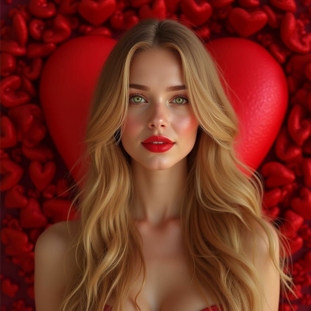Fantastical Blonde Woman in Red Silky Heart