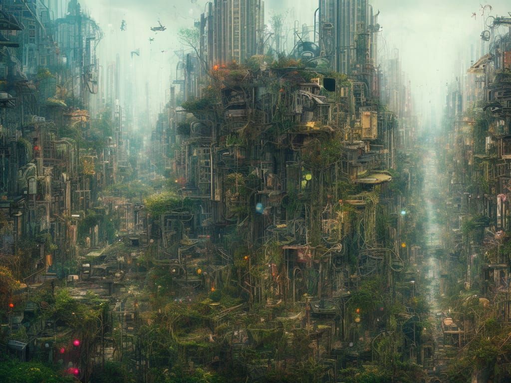 Post apocalyptic overgrown city, Crayon drawing, - AI Generated Artwork ...