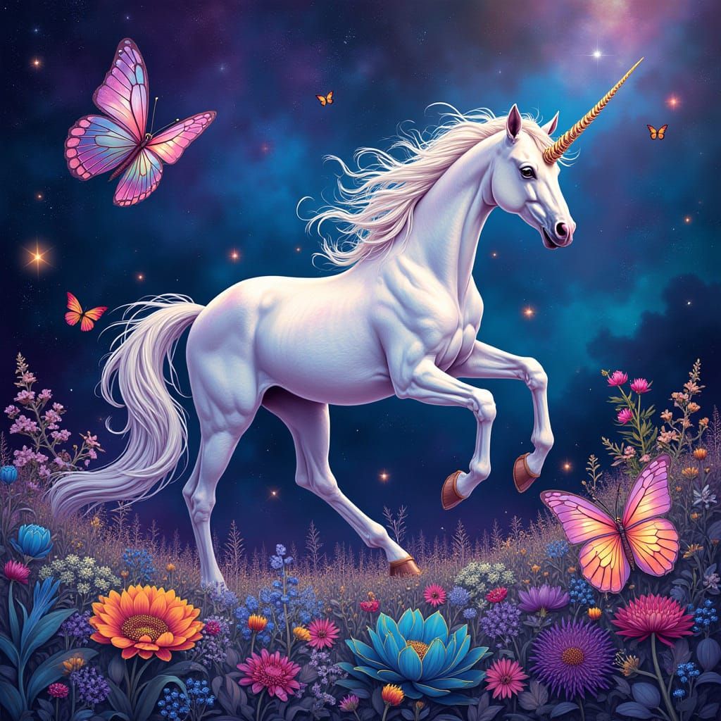 A majestic unicorn with a shimmering coat of iridescent scales prances through a field of vibrant, bioluminescent flora, its horn glowing wi...