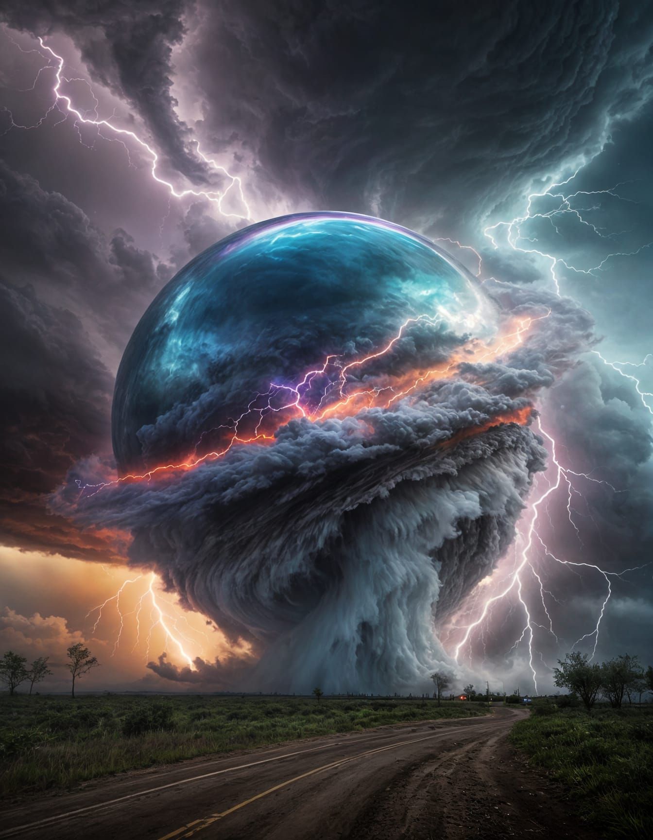 A luminous, iridescent orb pulsating with vibrant blues, purples, and greens, hovering atop a ferocious tornado. The tor...