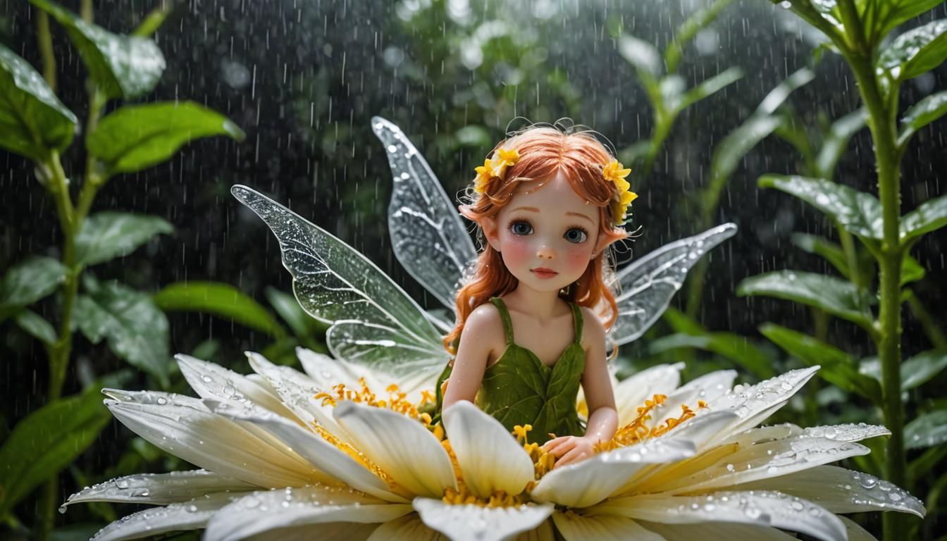 a little fairy inside the milk flower waiting for a tropical storm to pass