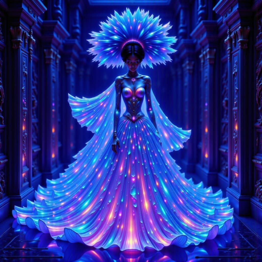 <lora:Dresses Galore:1.0> Gown realistic, photorealistic, ultra realistic, hyperrealism <color>blacklight blue with Dark bioluminescence hig...