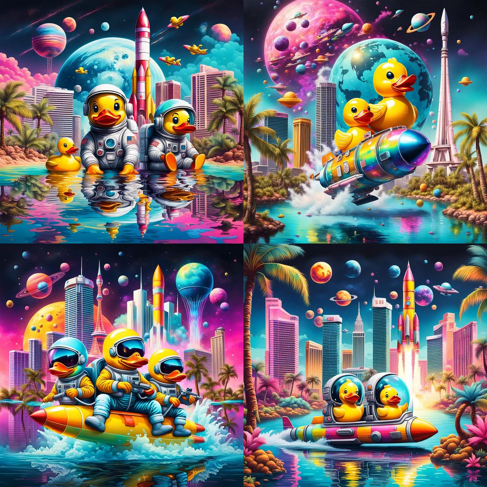 Rubber ducky astronauts riding a rocket over a tropical island with the ...