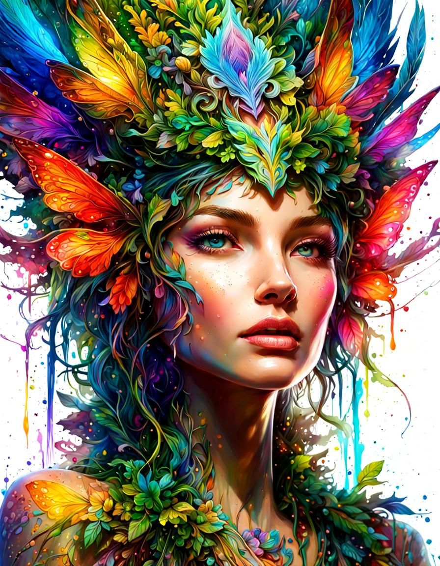 multicolored ink flow, splash art, Intricately detailed head and ...