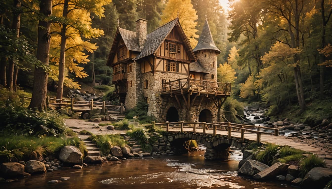 a rustic old house by the stream