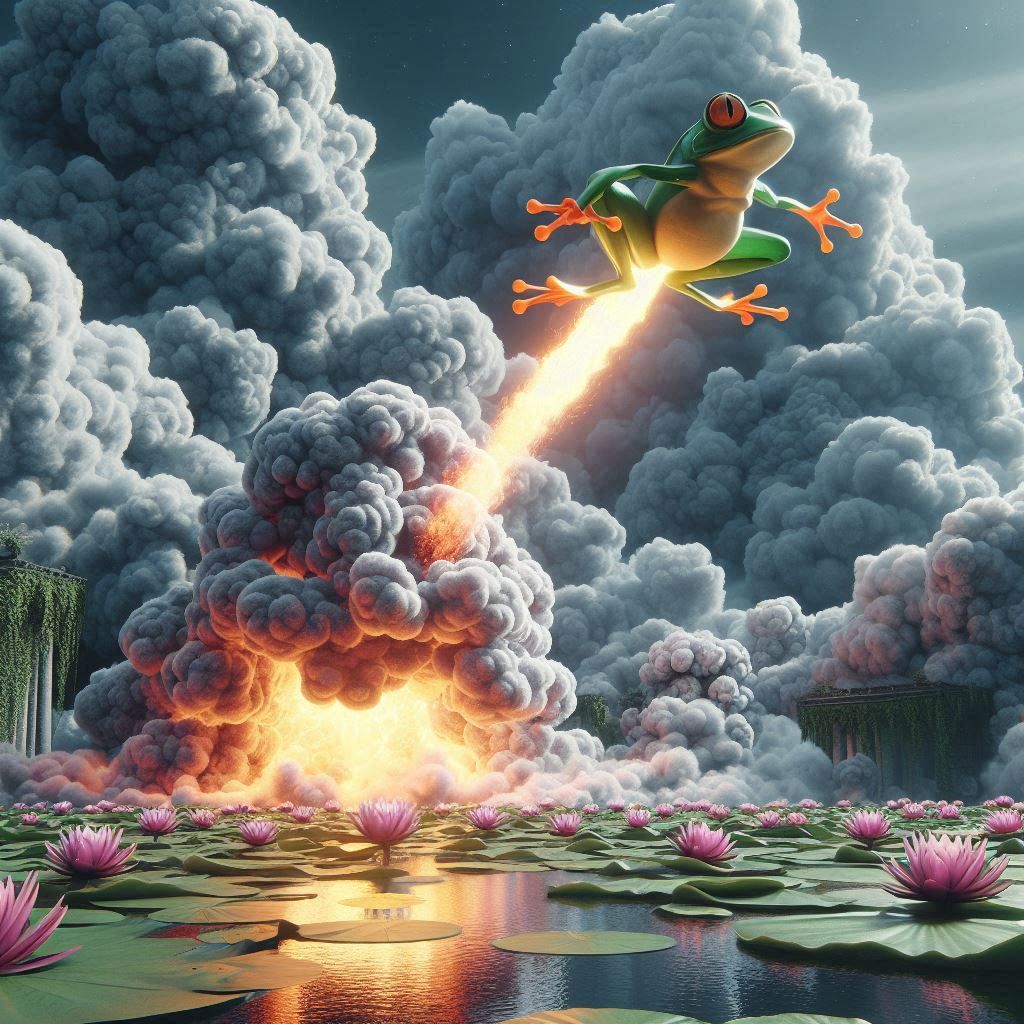 A frog jumping into the clouds