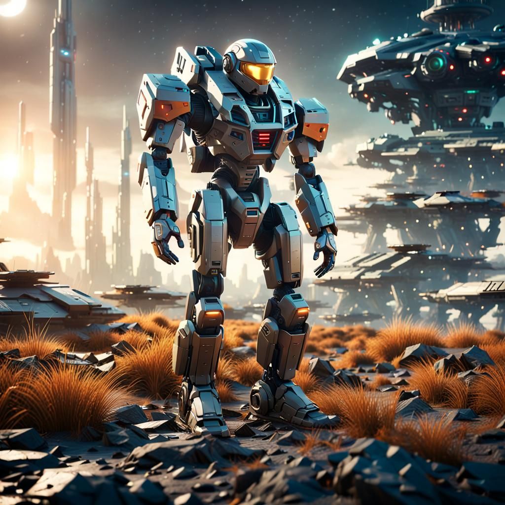Mech soldier, space ship in background, amazing science fict...
