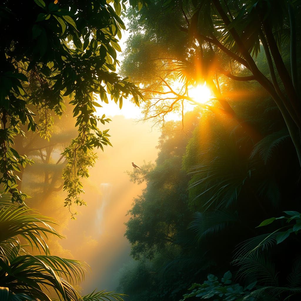 At the break of dawn, the jungle awakens in a symphony of tranquility. Golden sunlight filters through ...  by @Granite-007