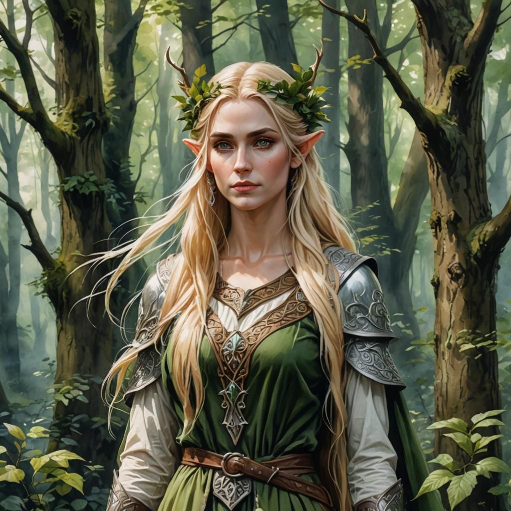 fullbody portrait of a young fmale druid elf with long blond hair in ...