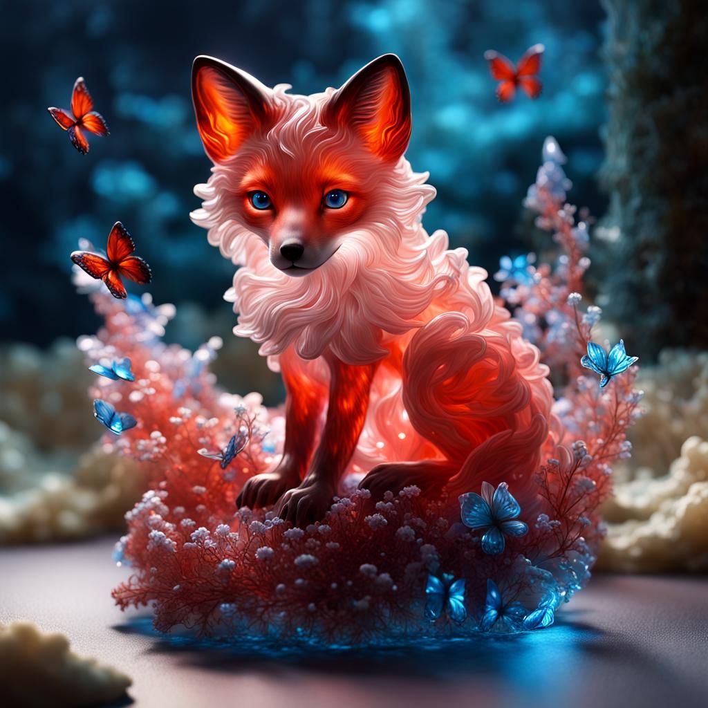 Unrealistic fox that is on a piece of coral with a little underwater ...