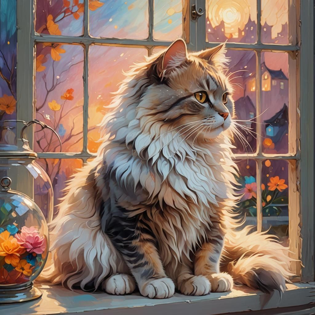 Cat in Glass Cage at Dawn: Fantasy Art Nouveau