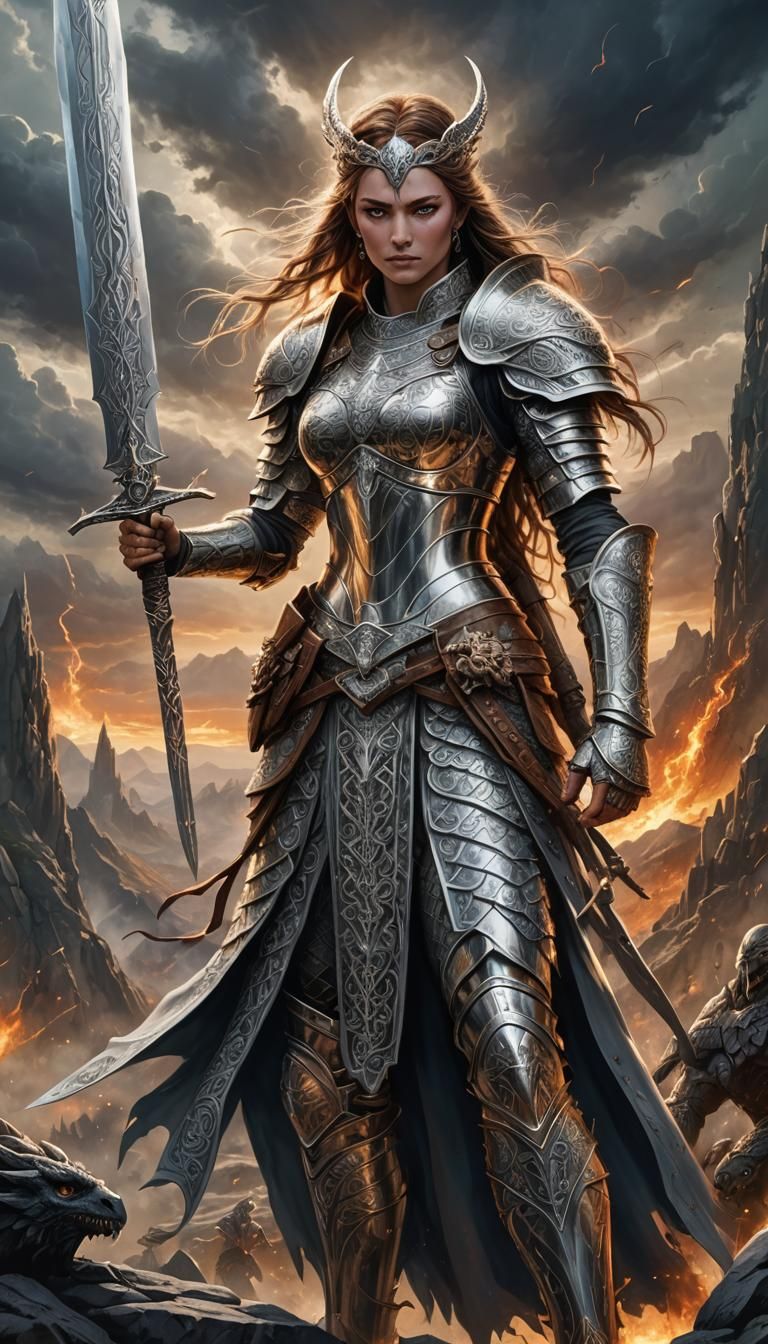 Warrior Princess: A powerful warrior in gleaming armor, holding a mighty sword, ready to battle dark creatures. She stands in the midst of a...