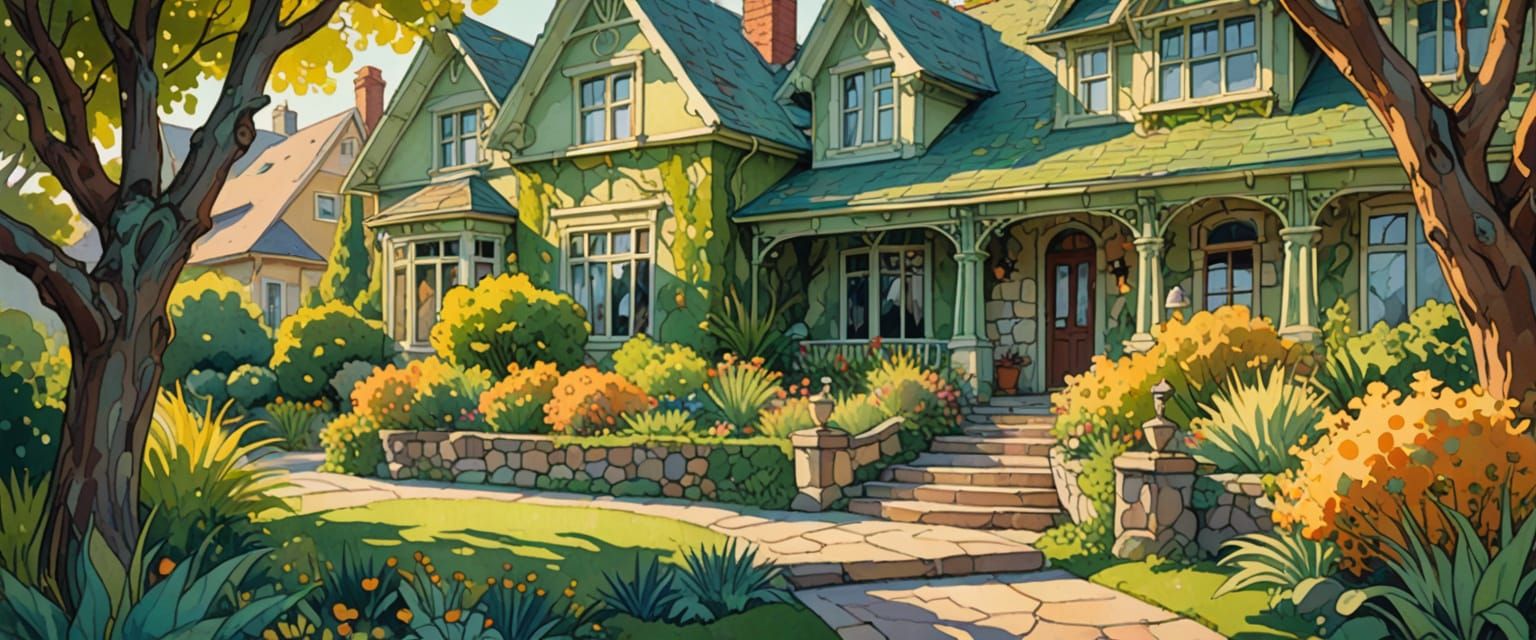 quaint naive scene, nice edwardian style house, benches, ferns, vines, white stone walls, lamp post, daytime sky, comic book style, watercol...