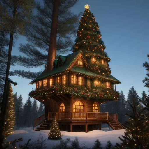 hyperrealistic fantasy christmas tree house