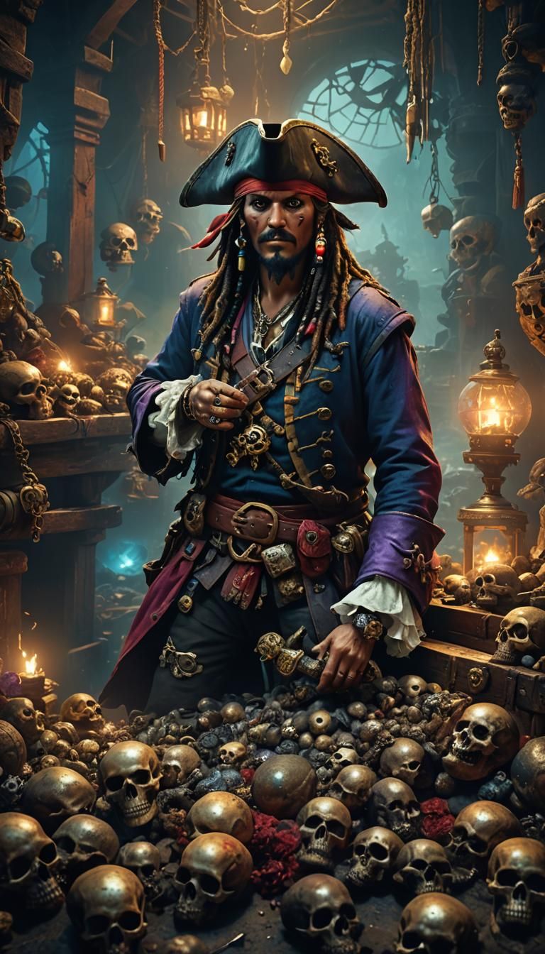Pirate Portrait with Treasure in Alphonse Mucha Style
