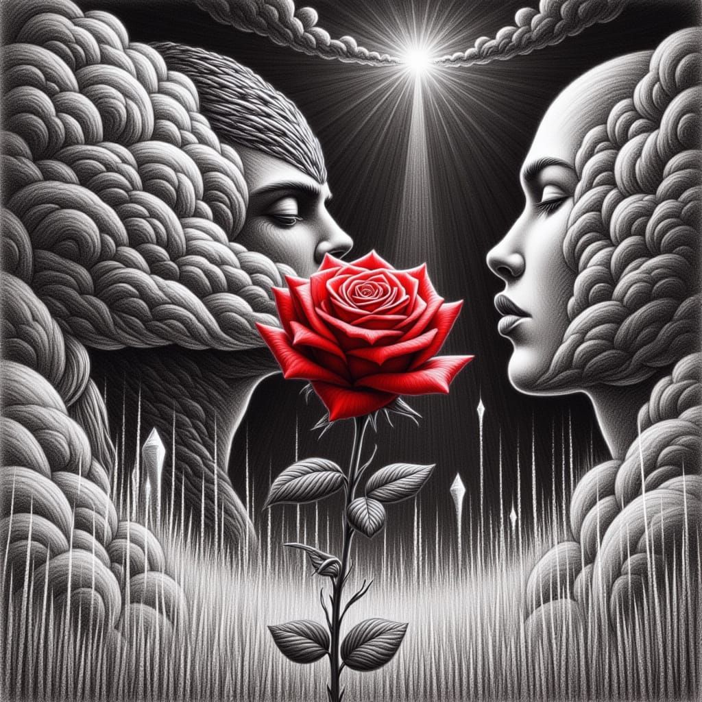 <lora:Red Roses:1.0> A Red Rose stand out  as emotions in against graphite grayscale  of forced  identity, she dances in freedom